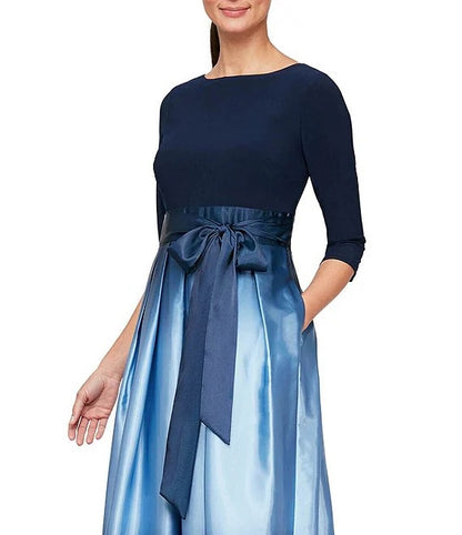 Ombre Satin Boat Neck 3/4 Sleeve Tie Waist Pocketed A-Line Ball Gown Wedding Guest Party Dresses