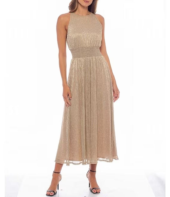 Sleeveless Crew Neck Metallic Glitter Dress A-Line Tea length Wedding Guest Party Dresses