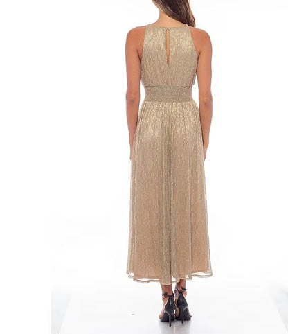 Sleeveless Crew Neck Metallic Glitter Dress A-Line Tea length Wedding Guest Party Dresses