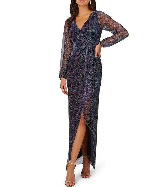 Sheath Long Mesh Sleeves Metallic Gown V-Neck Wedding Guest Party Dresses Mother of the Bride Dresse