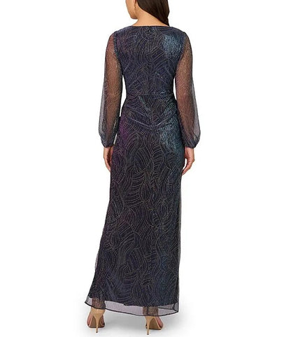 Sheath Long Mesh Sleeves Metallic Gown V-Neck Wedding Guest Party Dresses Mother of the Bride Dresse