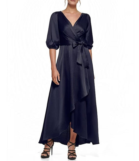 3/4 Balloon Sleeve V-Neck A-Line Satin Gown Mother of the Bride Dresse