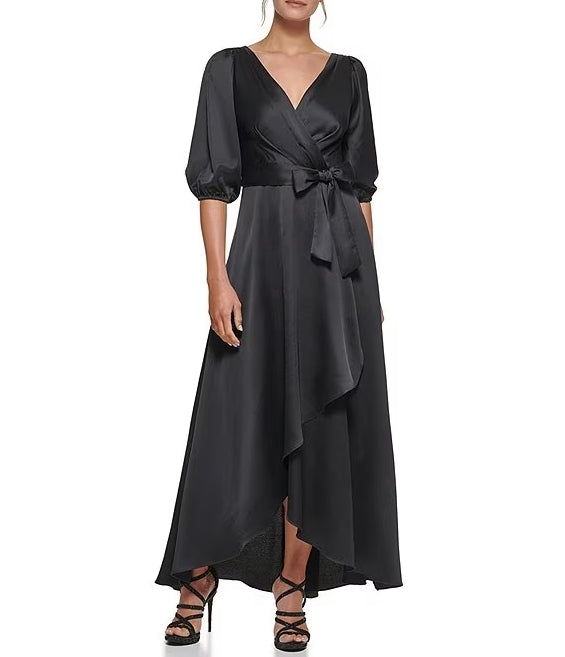 3/4 Balloon Sleeve V-Neck A-Line Satin Gown Mother of the Bride Dresse