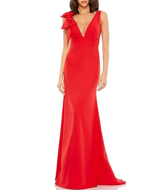 Plunging V-Neck Bow Shoulder Sleeveless Low Back A-line Dress Wedding Guest Party Dresses