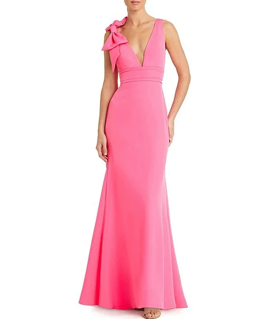 Plunging V-Neck Bow Shoulder Sleeveless Low Back A-line Dress Wedding Guest Party Dresses