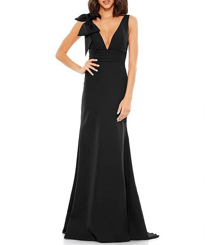 Plunging V-Neck Bow Shoulder Sleeveless Low Back A-line Dress Wedding Guest Party Dresses