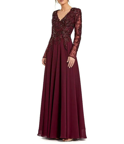 Embellished Floral Lace V-Neck Illusion Long Sleeve Gown Mother of the Bride Dresse