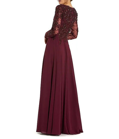 Embellished Floral Lace V-Neck Illusion Long Sleeve Gown Mother of the Bride Dresse