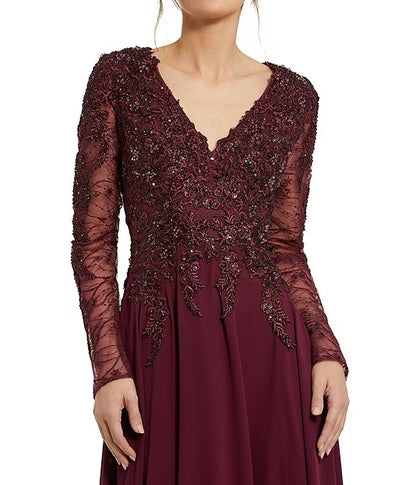 Embellished Floral Lace V-Neck Illusion Long Sleeve Gown Mother of the Bride Dresse