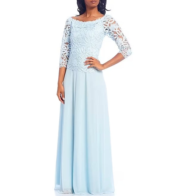 Embroidered Floral Lace Bodice 3/4 Sleeve Square Neck Gown Mother of the Bride Dresse