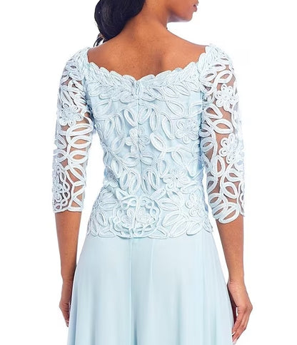 Embroidered Floral Lace Bodice 3/4 Sleeve Square Neck Gown Mother of the Bride Dresse