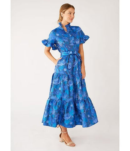 Floral Print Ruffle Stand Collar Short Sleeve Tiered Pocketed Midi Dress Wedding Guest Party Dresses