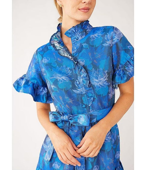 Floral Print Ruffle Stand Collar Short Sleeve Tiered Pocketed Midi Dress Wedding Guest Party Dresses