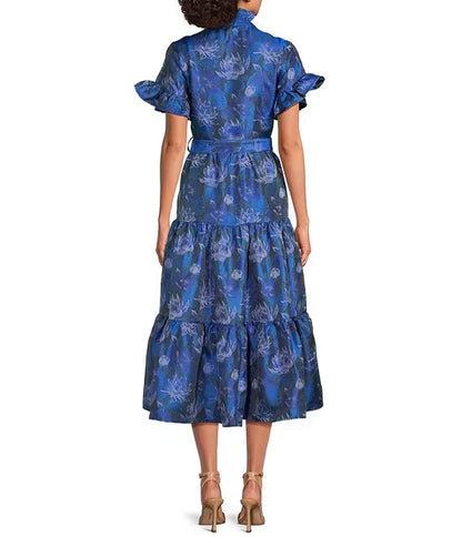 Floral Print Ruffle Stand Collar Short Sleeve Tiered Pocketed Midi Dress Wedding Guest Party Dresses