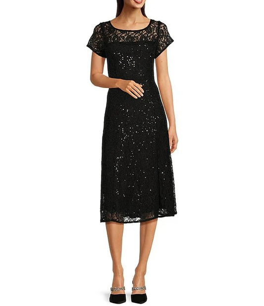 Round Neck Short Sleeve Sequin Lace Midi Dress Wedding Guest Party Dresses Mother of the Bride Dresse