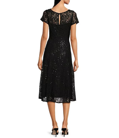 Round Neck Short Sleeve Sequin Lace Midi Dress Wedding Guest Party Dresses Mother of the Bride Dresse