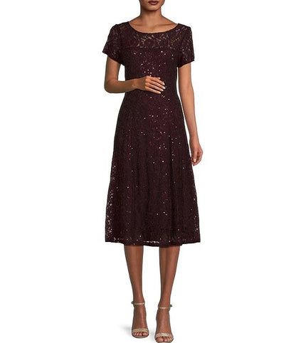 Round Neck Short Sleeve Sequin Lace Midi Dress Wedding Guest Party Dresses Mother of the Bride Dresse