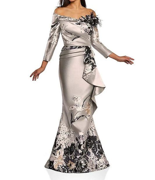 Jacquard Floral Off-the-Shoulder Long Sleeve Side Ruffle Feather Gown Mermaid Mother of the Bride Dresse