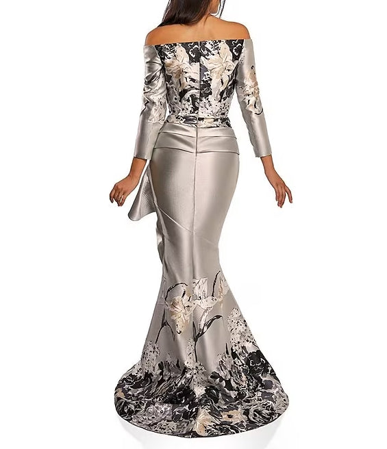 Jacquard Floral Off-the-Shoulder Long Sleeve Side Ruffle Feather Gown Mermaid Mother of the Bride Dresse