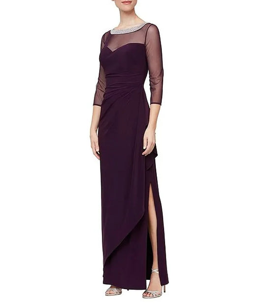 Illusion Mesh 3/4 Sleeve Round Neck Side Slit Ruched Gown Sheath Mother of the Bride Dresse