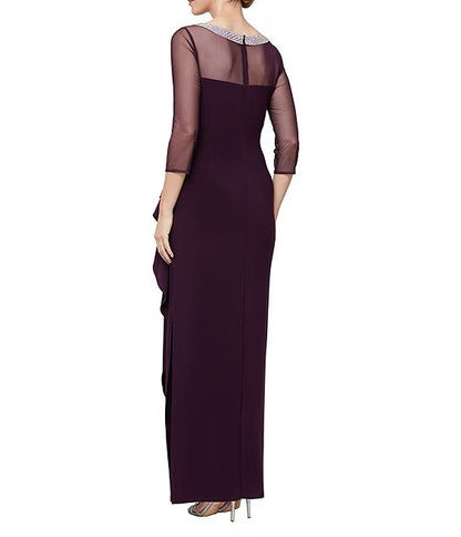 Illusion Mesh 3/4 Sleeve Round Neck Side Slit Ruched Gown Sheath Mother of the Bride Dresse