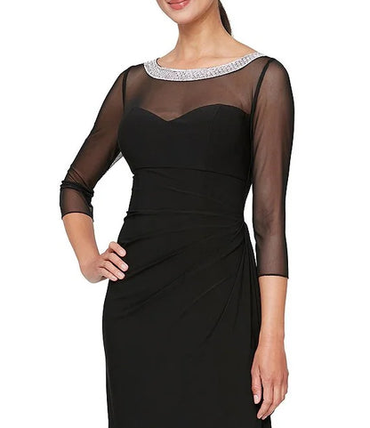 Illusion Mesh 3/4 Sleeve Round Neck Side Slit Ruched Gown Sheath Mother of the Bride Dresse