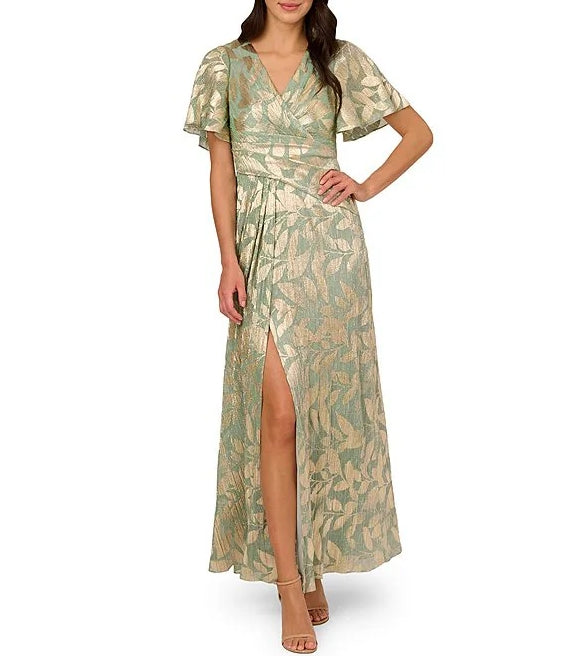 A-Line Leaf Print V-Neck Short Flutter Sleeve Gown Mother of the Bride Dresse