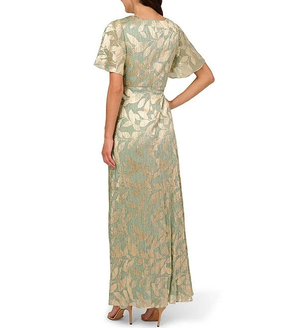 A-Line Leaf Print V-Neck Short Flutter Sleeve Gown Mother of the Bride Dresse