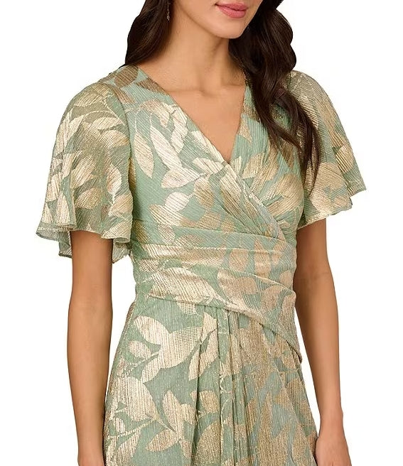 A-Line Leaf Print V-Neck Short Flutter Sleeve Gown Mother of the Bride Dresse