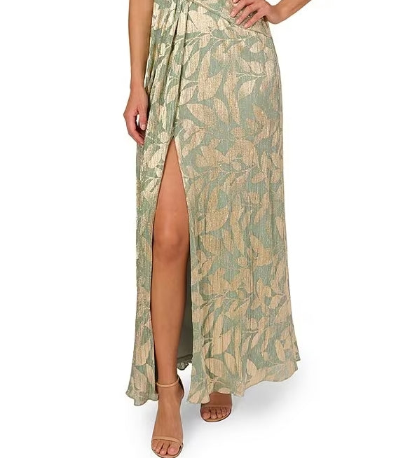 A-Line Leaf Print V-Neck Short Flutter Sleeve Gown Mother of the Bride Dresse