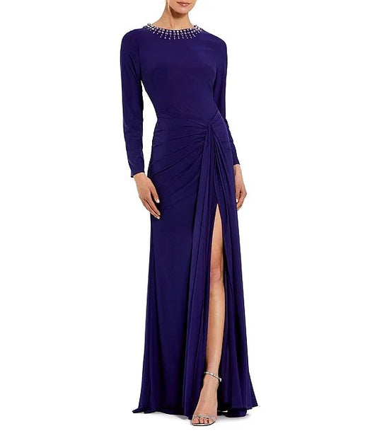 Elegant Beaded Round Neck Long Sleeveless Sheath Waist Draped Mother of the Bride Dresse With Slit