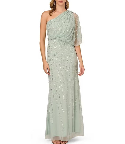 Sequin One Shoulder Illusion Sleeve Dress Sheath Sequins/Sparkling Wedding Guest Party Dresses