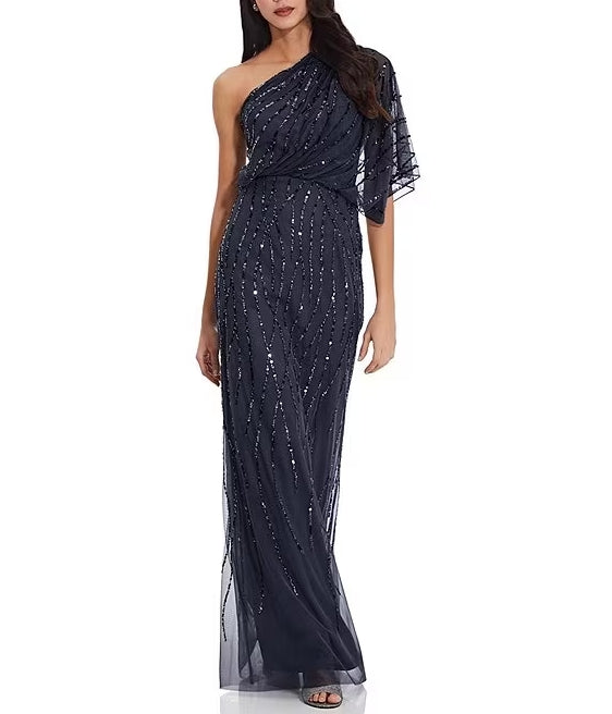 Sequin One Shoulder Illusion Sleeve Dress Sheath Sequins/Sparkling Wedding Guest Party Dresses