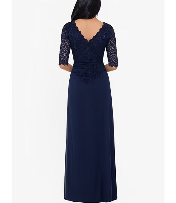 Sequin Lace V-Neck 3/4 Sleeve Waist Draped Gown A-Line Sheath Mother of the Bride Dresse