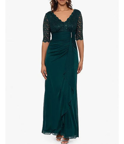 Sequin Lace V-Neck 3/4 Sleeve Waist Draped Gown A-Line Sheath Mother of the Bride Dresse