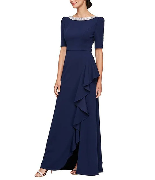 Embellished Boat Neck 3/4 Sleeve Ruffle Cascade Formal A-Line Gown Mother of the Bride Dresse