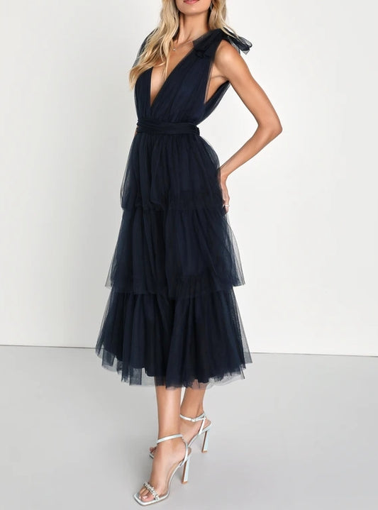 A-Line Princess Deep V-Neck Navy Blue Tulle Tiered Maxi Dress Party Dresses