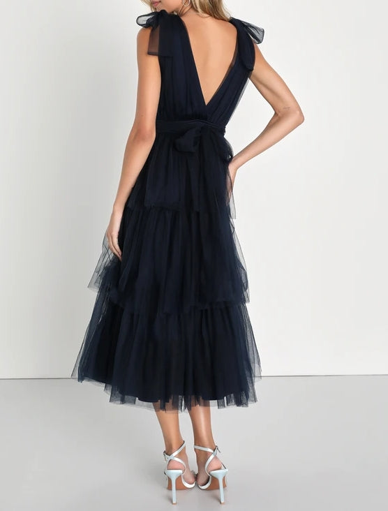 A-Line Princess Deep V-Neck Navy Blue Tulle Tiered Maxi Dress Party Dresses