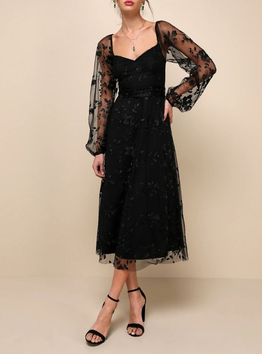 A-Line Princess Charisma Black Mesh Embroidered Midi Dress Party Dresses