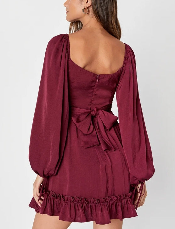 Plum Purple Satin Long Sleeve Square Neckline Mini Dress Party Dresses