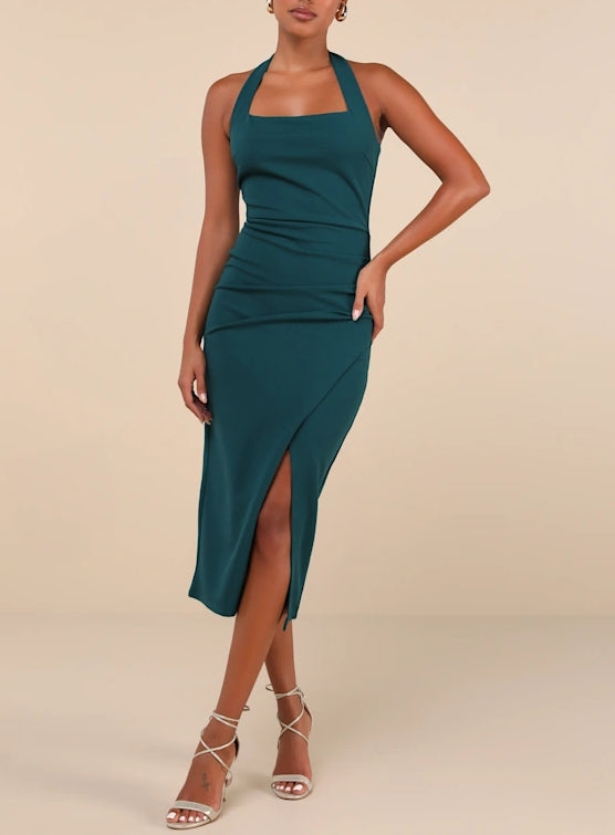 Emerald Halter Bodycon Midi Dress Party Dresses With Slit