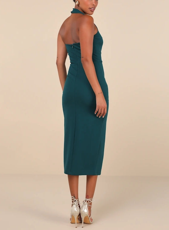 Emerald Halter Bodycon Midi Dress Party Dresses With Slit