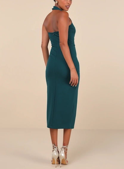 Emerald Halter Bodycon Midi Dress Party Dresses With Slit