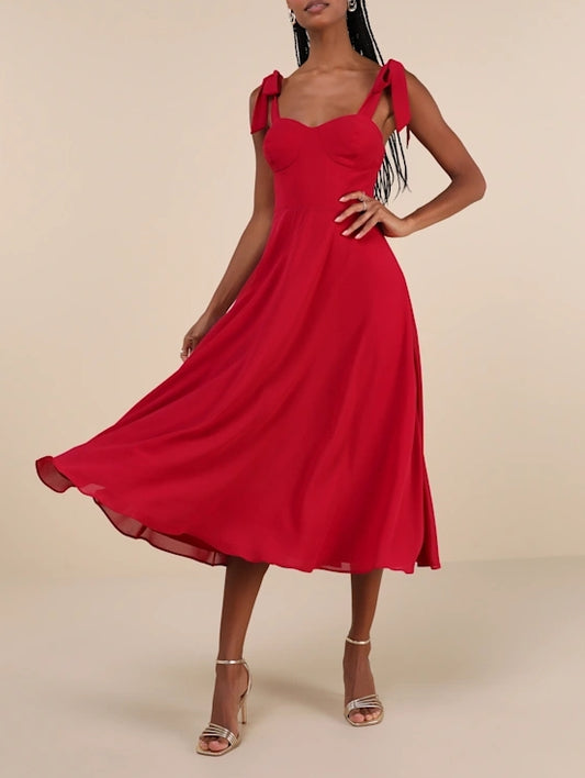 Simple Red Tie-Strap A-Line Midi Dress Chiffon Party Dresses