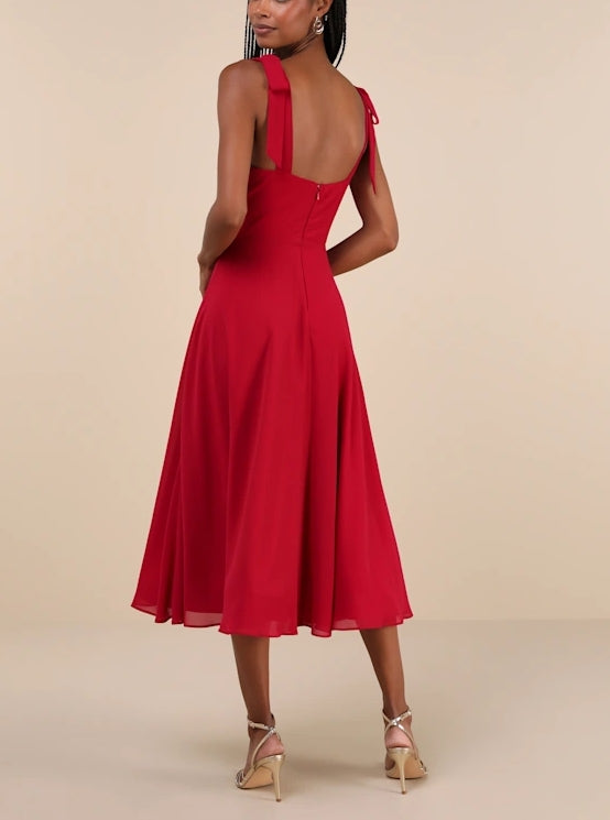 Simple Red Tie-Strap A-Line Midi Dress Chiffon Party Dresses