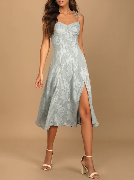 A-Line Dusty Blue Floral Jacquard Tie-Strap Midi Dress Party Dresses With Slit