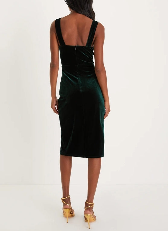 Emerald Green Velvet Sleeveless Midi Dress Party Dresses