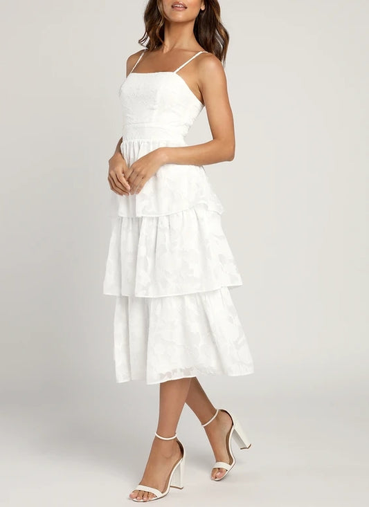 A-Line White Burnout Floral Print Tiered Dress Party Dresses