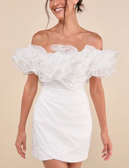 White Embroidered Ruffled One-Shoulder Mini Dress Party Dresses