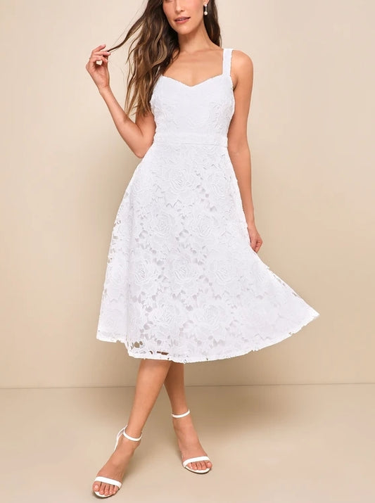 A-Line Princess White Lace Party Dresses Midi Dress With Pockets